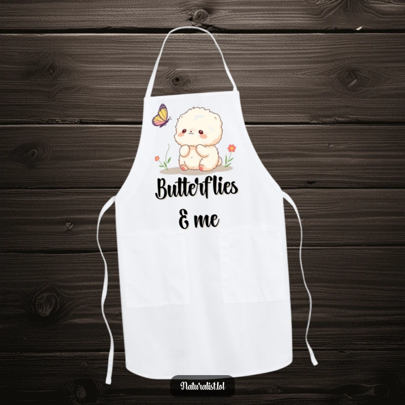 Funny apron with a fluffy creature watching a butterfly, bringing joy to the kitchen, an amusing and practical funny gift.