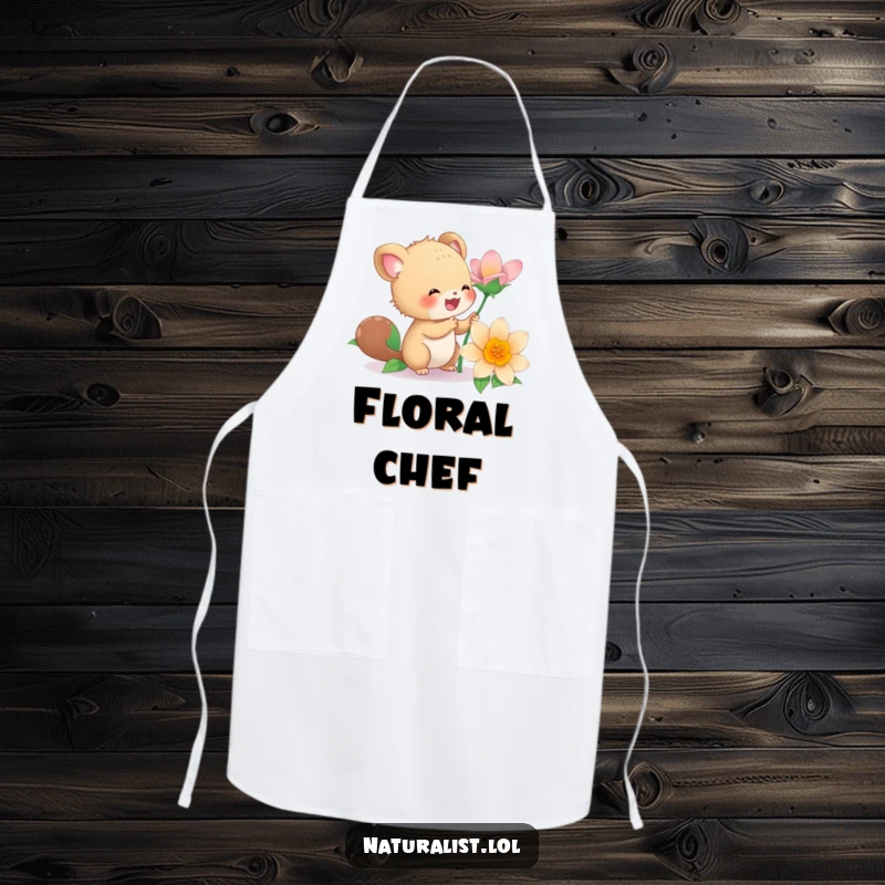 Funny apron with an energetic creature joyfully examining a flower, adding a humorous and vibrant touch to the kitchen, a practical funny gift.
