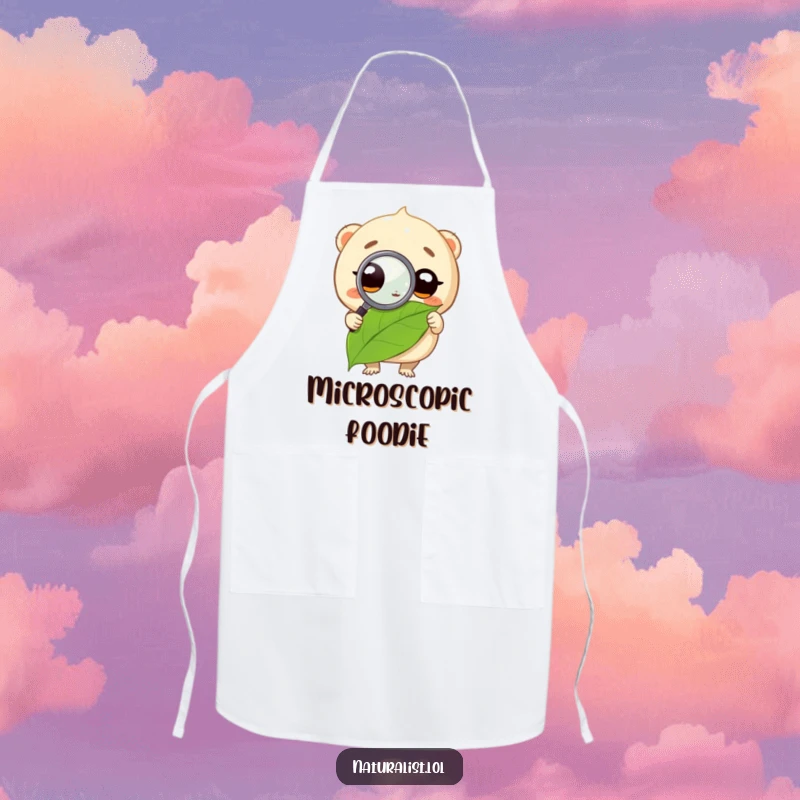 Funny apron showing a creature peering through a magnifying glass at a leaf, a humorous and practical kitchen accessory, a fun funny gift.