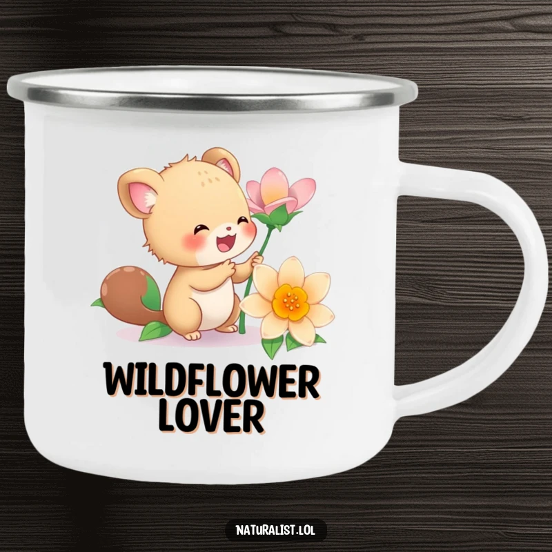 Funny camping mug with an energetic creature joyfully admiring a vibrant flower, perfect for outdoor fun and laughter, a memorable funny gift.