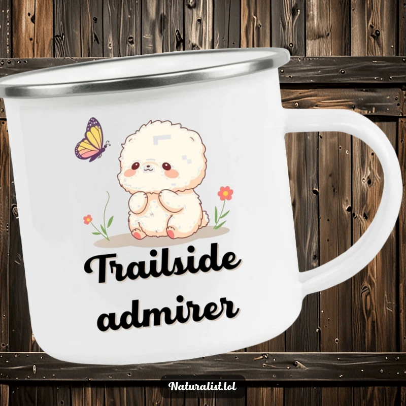 Funny camping mug featuring a fluffy creature enjoying a butterfly, ideal for outdoor trips and laughter, a memorable funny gift.