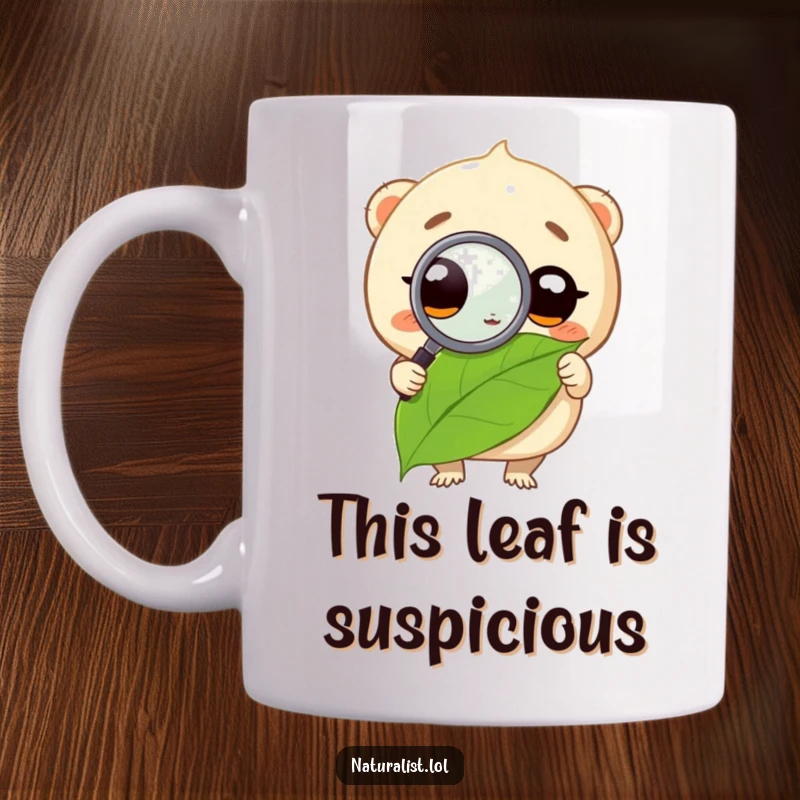 Funny mug showing a round creature with big eyes using a magnifying glass on a leaf, displaying intense focus and humor.