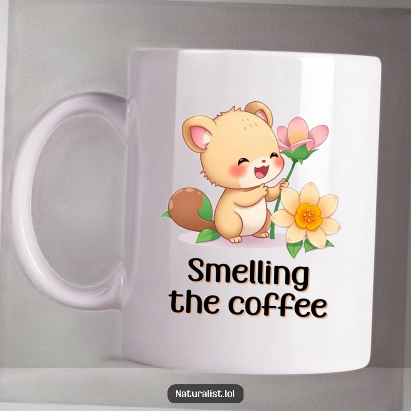 Funny mug featuring an energetic creature joyfully examining a vibrant flower, full of life and delight, a cheerful funny gift.
