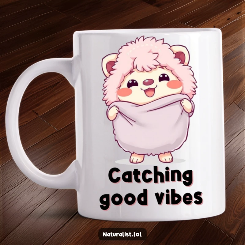 Funny mug with a fluffy creature grinning and holding a butterfly net, ready for fun, a delightful and humorous gift.