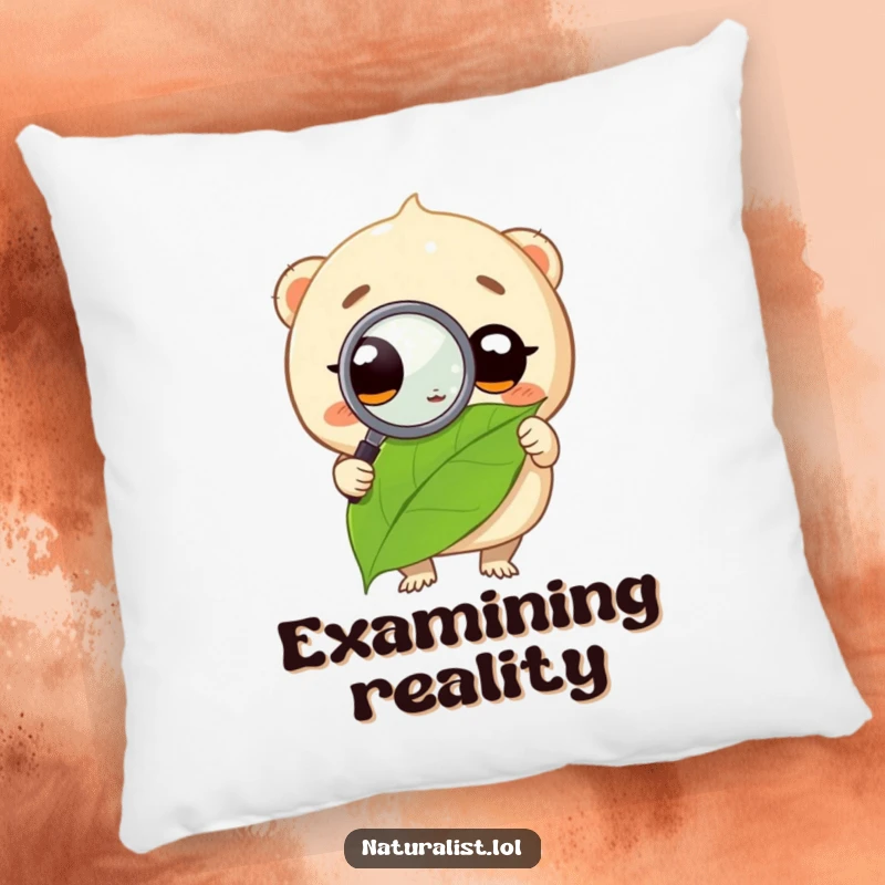 Funny pillow with a creature using a magnifying glass on a leaf, adding a humorous and cozy element to any room, a thoughtful funny gift.