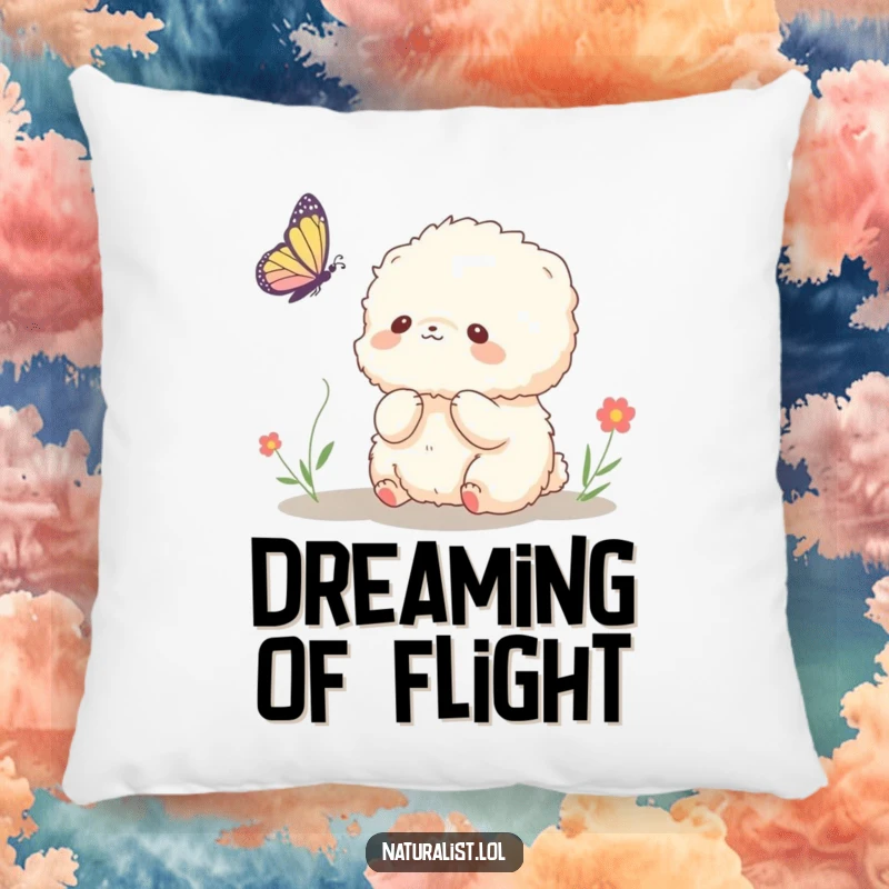 Funny pillow featuring a fluffy creature admiring a butterfly, radiating warmth and gentle humor, a delightful funny gift.