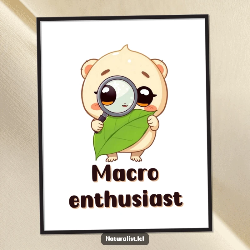 Funny digital art print of a creature intensely observing a leaf with a magnifying glass, evoking a humorous sense of deep investigation, a great funny gift.