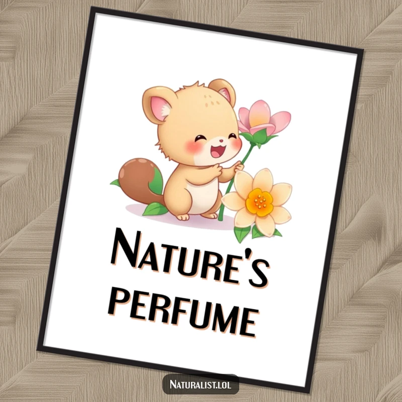 Funny digital art print of an energetic creature joyfully examining a vibrant flower, full of life and cheerful energy, a delightful funny gift.