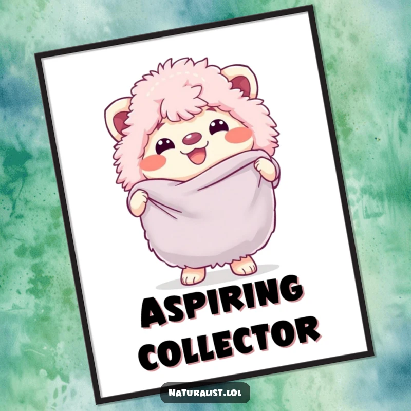 Funny poster showing a fluffy creature with a big grin holding a butterfly net, radiating joy and readiness for adventure, a humorous art gift.