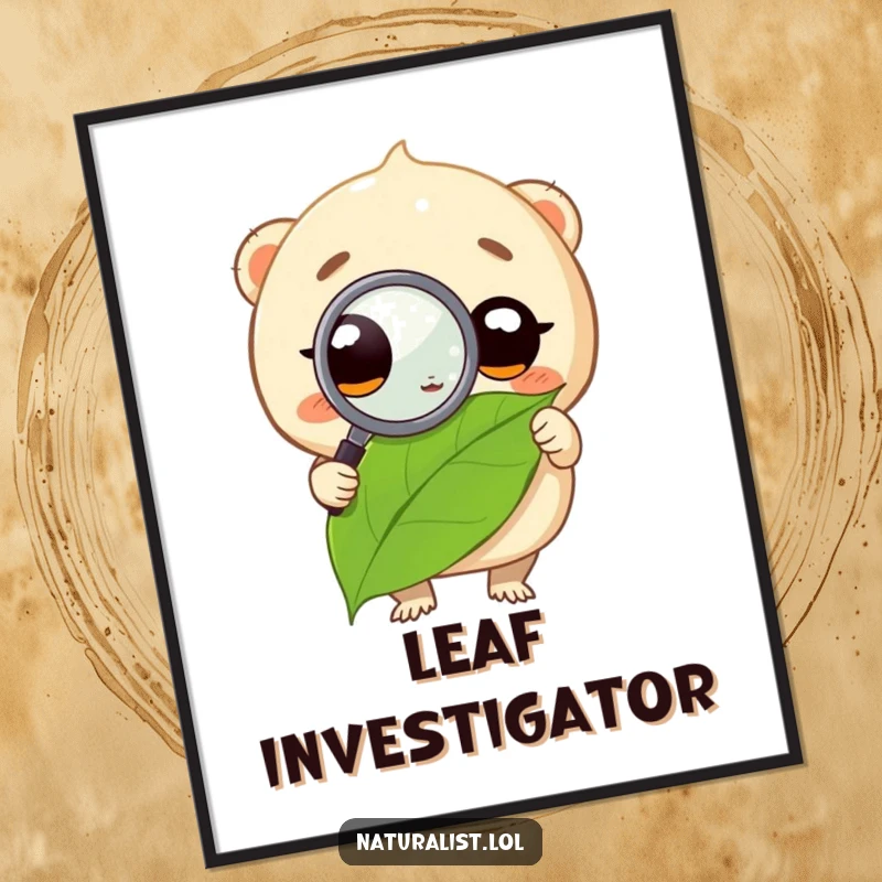 Funny poster of a round creature intensely observing a leaf with a magnifying glass, capturing a humorous moment of focused inquiry.
