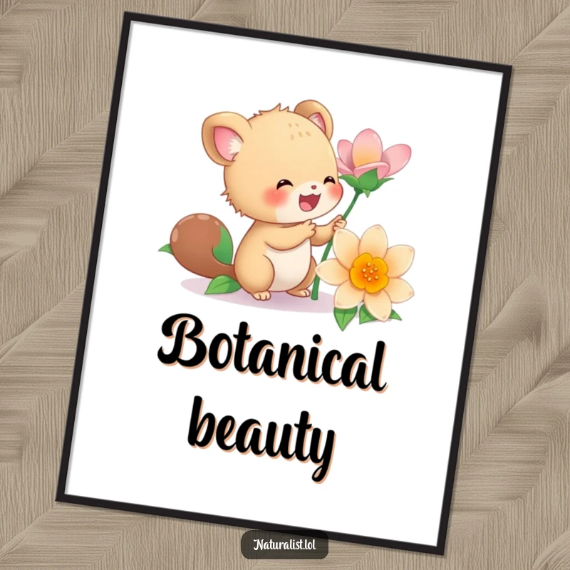 Funny poster of an energetic creature joyfully examining a vibrant blooming flower, radiating happiness and appreciation for nature, a humorous art gift.