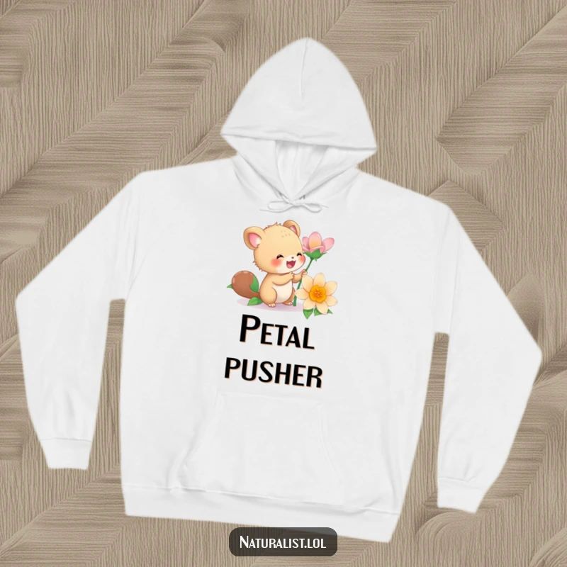 Funny hoodie featuring an energetic creature delightedly examining a vibrant flower, embodying joyful exploration, an excellent funny gift.
