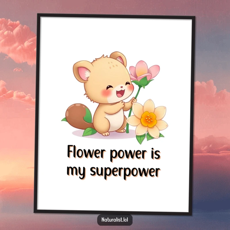 Funny Free Printable Wall Art of an energetic creature examining a blooming flower, adding colorful and downloadable decor.
