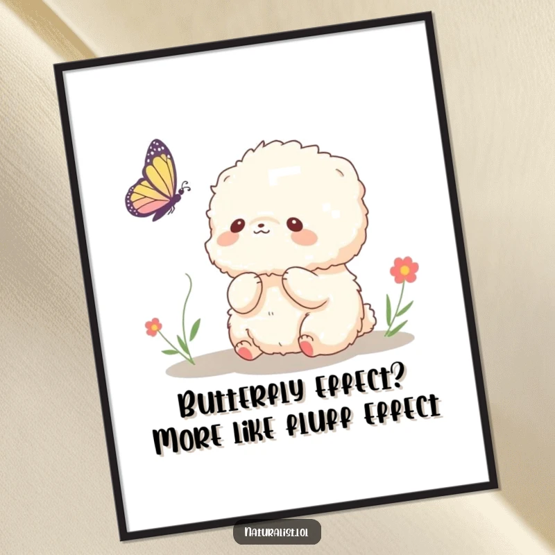 Funny Free Printable Wall Art of a small, fluffy creature observing a butterfly, adding cute and humorous downloadable decor.