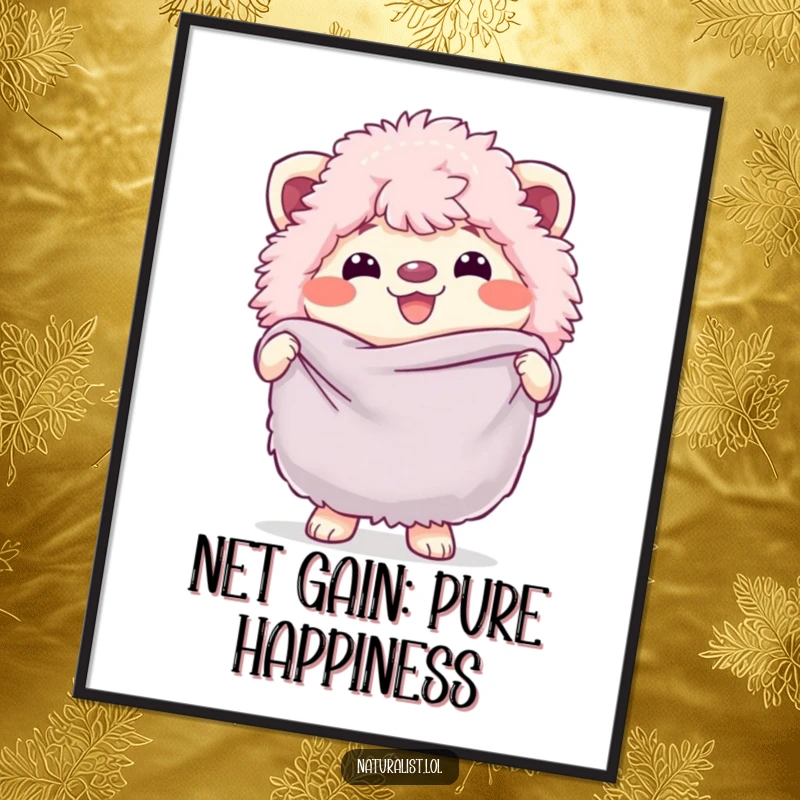 Funny Free Printable Wall Art of a fluffy creature grinning with a butterfly net, adding playful and downloadable decor.