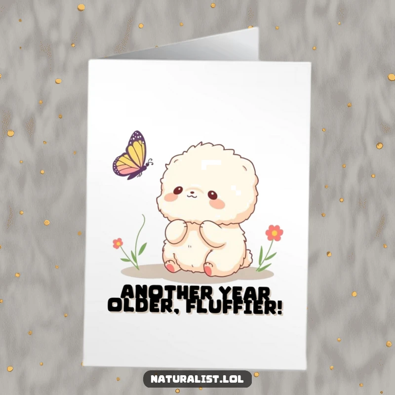 Funny Free Printable Birthday Card featuring a small, fluffy creature watching a butterfly, perfect for a cheerful DIY greeting.