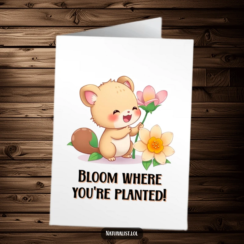 Funny Free Printable Birthday Card featuring an energetic creature admiring a blooming flower, perfect for a joyful DIY.