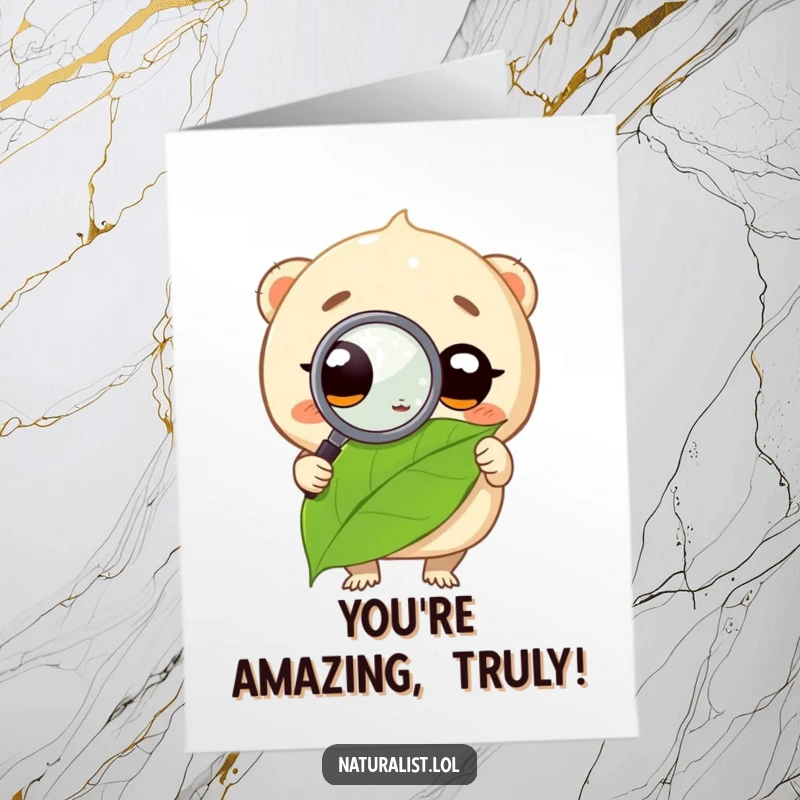 Funny Free Printable Congratulations Card of a round creature intently studying a leaf with a magnifying glass, a unique downloadable.