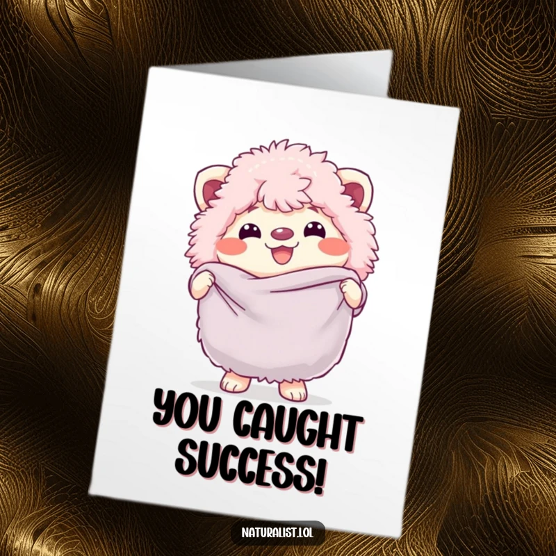 Funny Free Printable Congratulations Card featuring a happy fluffy creature with a butterfly net, ideal for a unique downloadable.