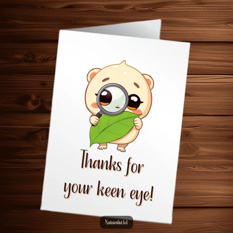 Funny Free Printable Thank You Card showing a round creature with wide eyes examining a leaf closely, a charming DIY.