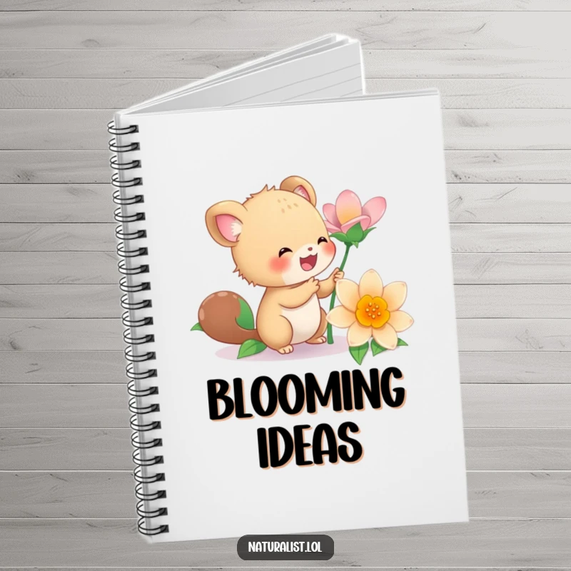 Funny notebook with an energetic creature joyfully examining a flowering plant, perfect for capturing thoughts with cheer, a creative funny gift.