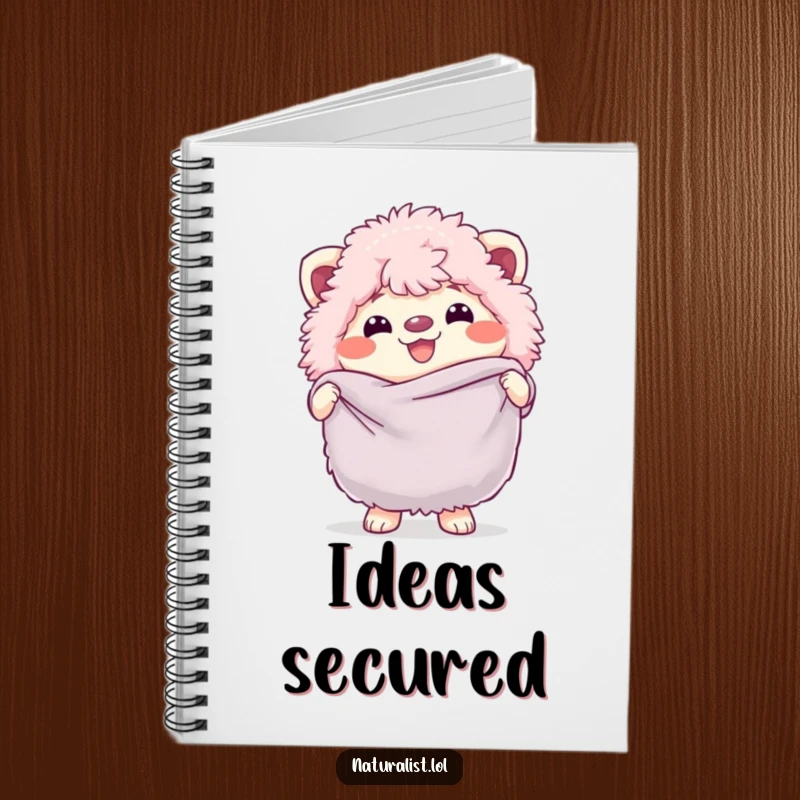 Funny notebook with a grinning fluffy creature holding a butterfly net, inspiring ideas and playful thoughts, a creative funny gift.