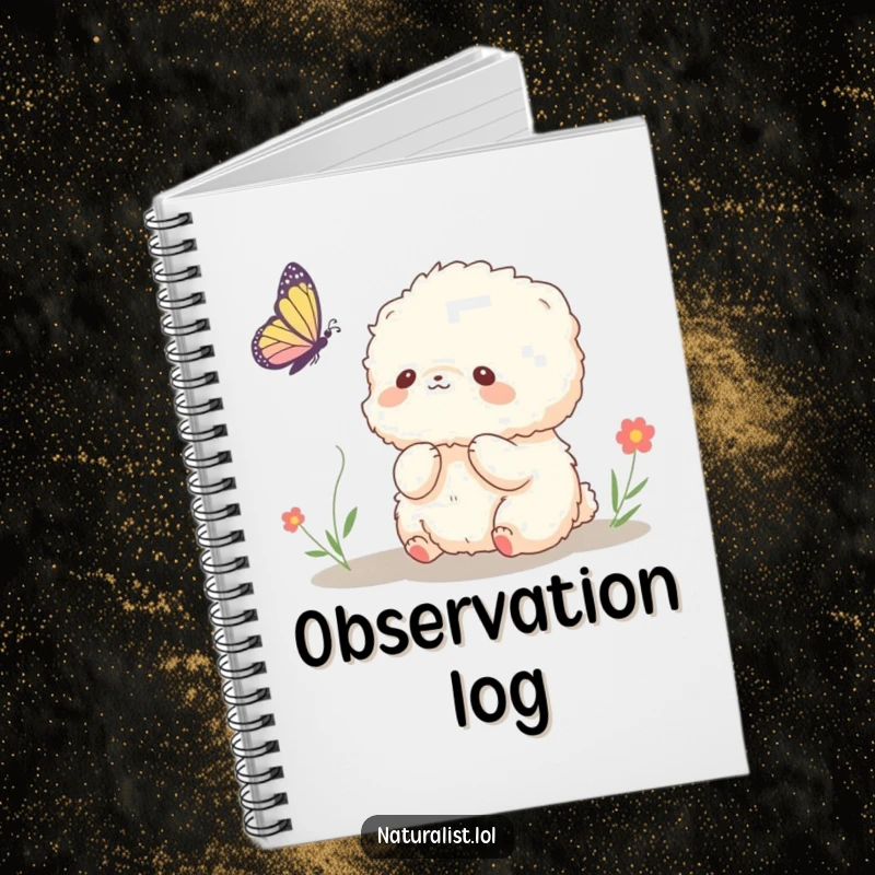 Funny notebook with a fluffy creature observing a butterfly, inspiring creativity and joy, a wonderful funny gift.