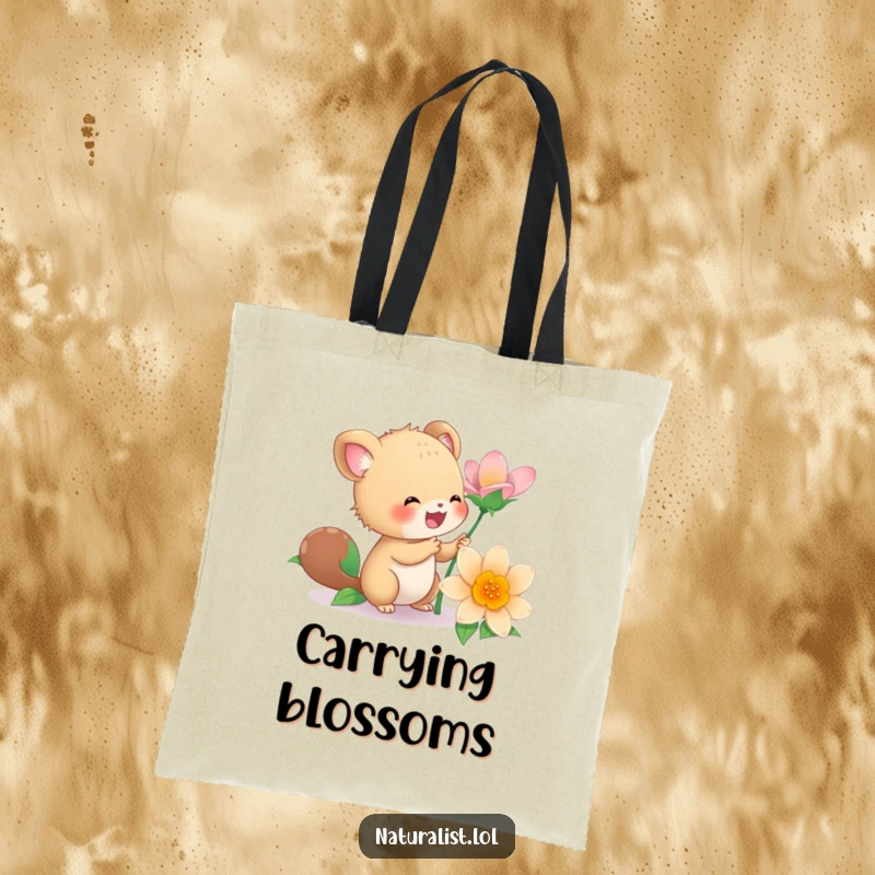 Funny tote bag with an energetic creature joyfully examining a blooming flower, showcasing nature's beauty with humor, a useful funny gift.
