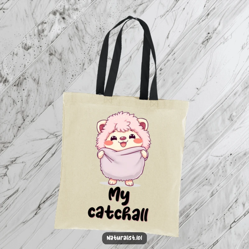 Funny tote bag with a grinning fluffy creature holding a stylized butterfly net, ready for whimsical pursuits, a useful funny gift.